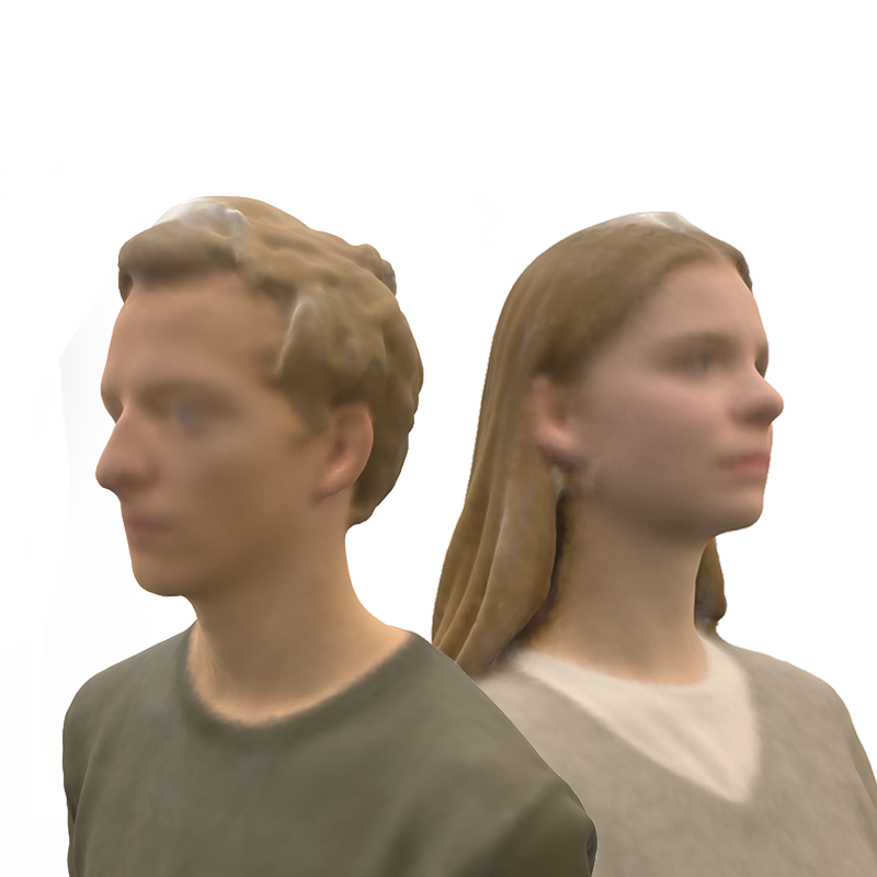 Computer-rendering of two light-skinned humans, looking in opposite directions off of the image frame. On the left is a male-seeming figure with a round-neck sweater; on the right is a female-seeming figure with a v-neck sweater and white t-shirt under.