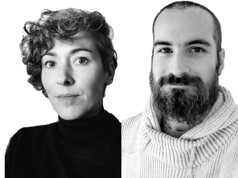 Black and white composite photograph of two light-skinned figures: on the left is a female-seeming figure with short, curly hair and a black top; on the right is a male-seeming figure with a long beard and light-colored sweater.